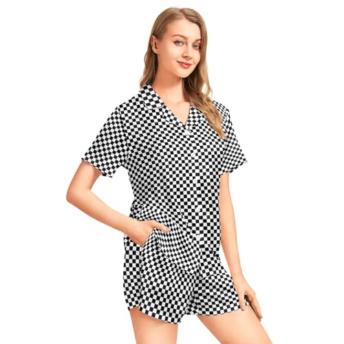 Image of Funny Pajamas for Women Set Print Satin Loungewear Pjs Short Sleeve Button Down Top and Shorts Sets Sleepwear XS-3XL