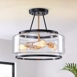 Y'INSP Glass Semi Flush Mount Ceiling Light Fixture, 3 Light Black and Gold Ceiling Light Fixture, Modern Drum Ceiling Lighting for Bedroom Bathroom Hallway Entryway Kitchen Dining Room