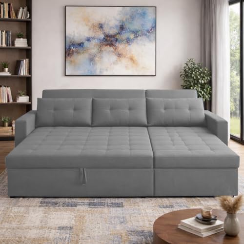 Image of Emilio 4 Seater LHS L - Shape Pull-Out Sofa Cum Bed Sofa for Living Room (Dark Grey Fabric Color) Premium Fabric Sofa Set for Living Room Sofa Cum Bed