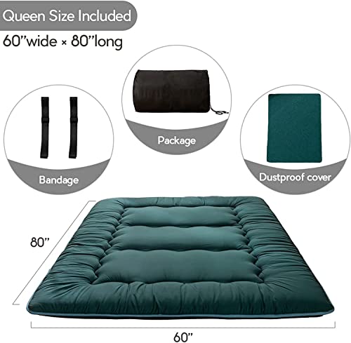 Image of MAXYOYO Japanese Floor Mattress Futon Mattress, Thicken Sleeping Pad Foldable Roll Up Floor Futon for Adults Tatami Mat Dormitory Lounger, Dark Green, Queen Size