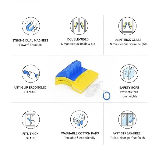 Image of Magnetic Window Glass Cleaner Double-Sided Megnetic Wiper Cleaning Pads Double-Face Window Cleaning Brush for Sliding Windows & High Rise Glass With 2 Extra Cleaning Cotton Squeegees (Yellow)