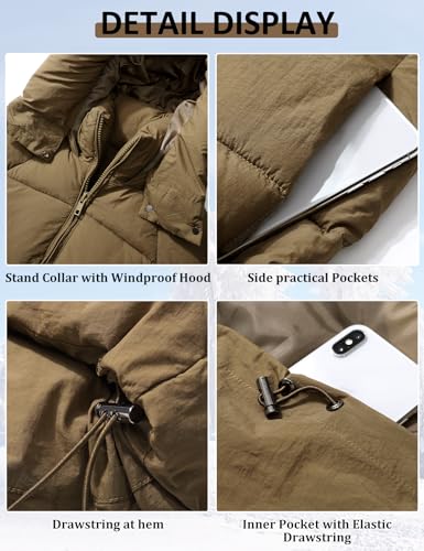 PEHMEA Women Mid-Length Puffer Hooded Jacket Winter Padded Warm Coat Thicken Outerwear Coats(Khaki-XL)3