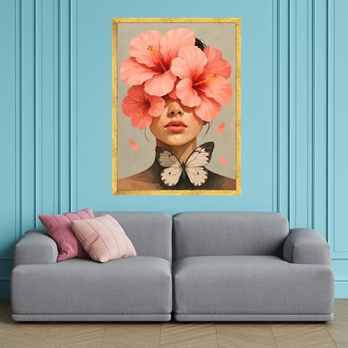Décoration féminine portrait mural et affiche papillon sur toile d'hibiscus corail - 3