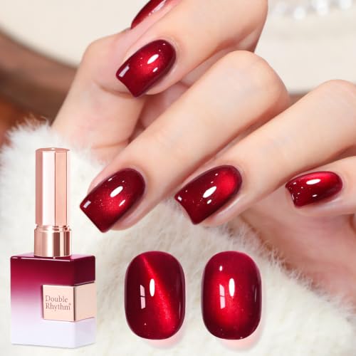 Image of Double Rhythm Jelly Glass Cat Eye Gel Polish with Magnet 15ML Holographic Glitter Shimmer Translucent Sheer Color Magnetic Nail Polish Salon DIY at Home (Burgundy-MC1375)