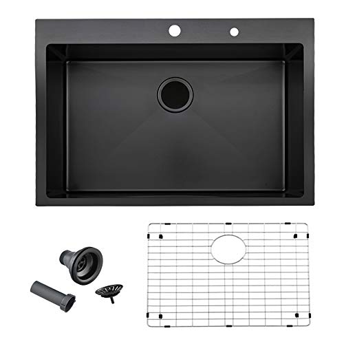 Friho 33\"x 22\" Inch 18 Gauge Commercial Large Topmount Drop-in Single Bowl Basin Handmade SUS304 Stainless Steel Kitchen Sink,Black Kitchen Sinks with Dish Grid and Basket Strainer