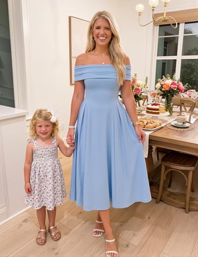 Image of ZESICA Summer 2026 Cocktail Dresses for Women's Off Shoulder Short Sleeve Swing A Line Wedding Evening Party Midi Dress