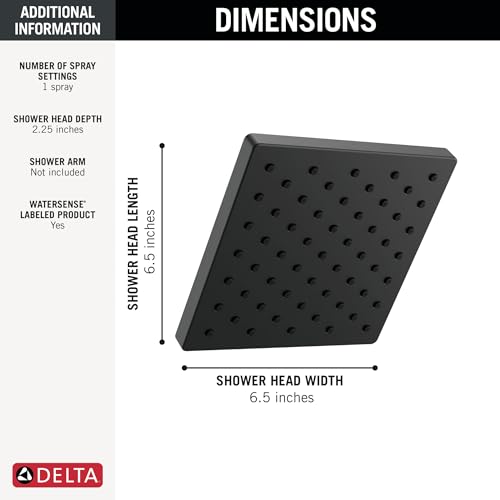 Image of Delta Modern Single Spray Matte Black Shower Head, 6 Inch Square Shower Head, 1.75 GPM Flow Rate, Matte Black 52403-BL