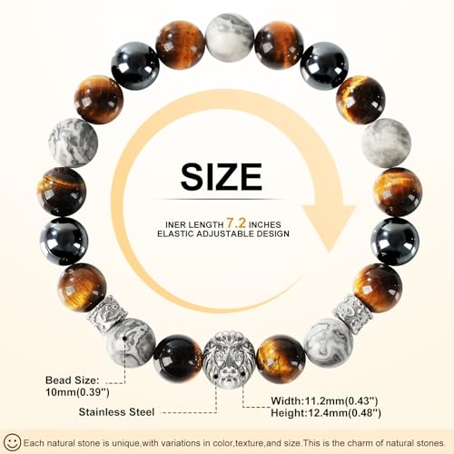 mens beaded bracelets, 10MM Elastic Adjustable Natural Gemstone Bracelet with Stainless Steel Lion Head, Symbolizing Courage & Strength, Gift for Men, Anniversary, Thanksgiving, Christmas, Lapis Lazuli/Map Stone/Terahertz/Hematite/Tiger Eye/Black Onyx/Snowflake Obsidian - Image 3