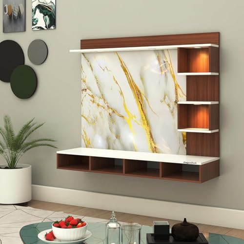 Image of TV Cabinet for Bedroom 32 inch to 65 Inches Engineered Wood TV Entertainment Unit Back Side 3mm UPVC Self Adhsive Waterproof Sheet and Lights (White - Gold, 24-40 Inches, with Fitting)