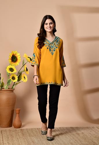 Image of LIBOZA Embroidered Kashmiri Tunic Top, Short Kurti for Women on Jeans, V-Neck, 3 /4 Sleeve, Floral Design,