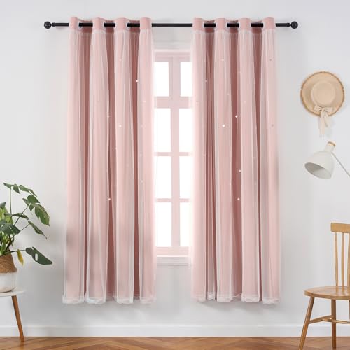 Image of Light Pink Curtains Drapes Blackout Nursery 45 Inch Length Cute Star Cutout | Girls Room Darkening Double Layer Curtain Tulle Lace 2 Panels Thermal Insulate Bedroom Short Window Treatments Cortinas Blush