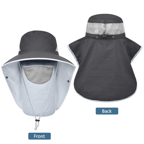 LCZTN UPF 50+ Sun Protection Cap Wide Brim Fishing Hat with Face & Neck Flap Dark Gray