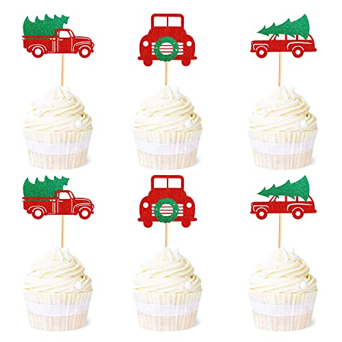 Ercadio 24 Pack Merry Christmas Cupcake Toppers Red Truck and Car Christmas Tree Cupcake Picks Xmas Holiday Cake Decoration for Christmas Theme New Year Party Supplies