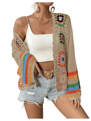 Image of SHENHE Women's Floral Crochet Cardigan Hollow Out Open Front Long Sleeve Cardigan Sweater