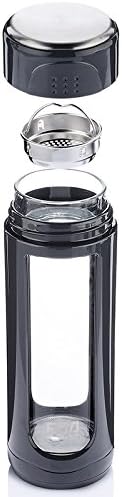 iRSE Tea Infuser Bottle tumbler glass with plastic housing and stainless steel strainer for loose leaf tea maker travel thermos teapot filter ice drink fruit water herbs spices detox 11 oz (Black)