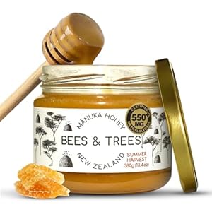 Bees & Trees Manuka Honey 550+ MGO – Pure New Zealand Raw Monofloral Honey – Unpasteurized & Natural – 380g (13.4oz) Glass Jar – Perfect for Coffee, Tea & Daily Wellness