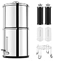 POXURIO Gravity Water Filter System, 3.5 Gallon Stainless Steel Countertop Water Dispenser with 4 Filters and Stand, for Home, Camping, and RV