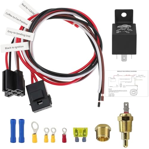 Ronybuy Electric Fan Relay Kit 40 AMP Automotive Relay Thermostat Switch Kit for Radiators Fans Temperature Sensor Switch 185 On 175 Off, Waterproof 12V Electric Cooling Fan Relay Switch Wiring Kit