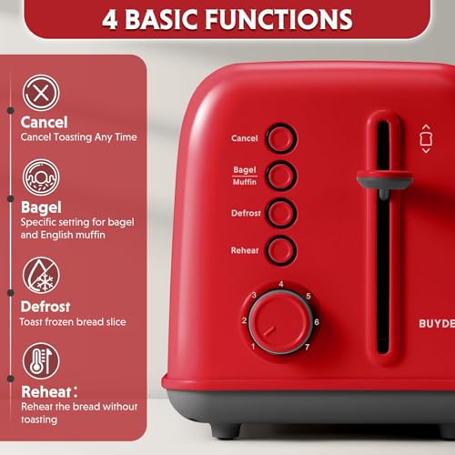 Image of BUYDEEM DT620 2-Slice Toaster, Extra Wide Slots, Retro Stainless Steel with High Lift Lever, Bagel and Muffin Function, Removal Crumb Tray, 7-Shade Settings,Red