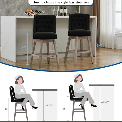 Image of 28 inch Swivel Bar Stools Set of 2, Counter Height Barstools with Back, Linen Fabric Upholstered Bar Stools, Modern Barstools Wood Legs for Kitchen Island Dining Room Bar