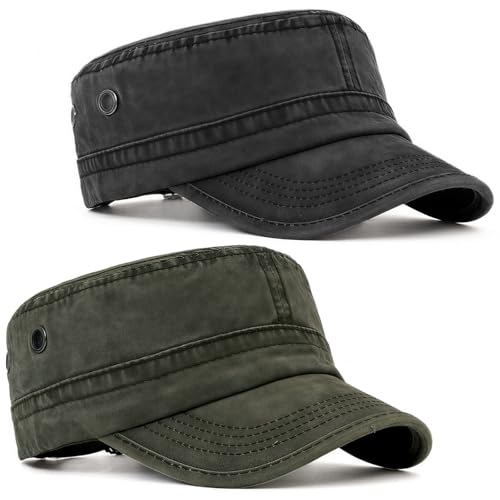 Image of Scettar 2 Pack Men’s Military Cadet Cap, Washed Cotton Flat Cap, Lightweight Breathable Summer Hat with Adjustable Metal Buckle (56–61cm) for Outdoor Sun Protection (Black + Army Green)
