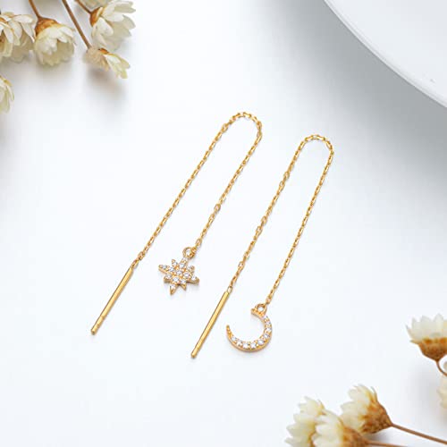 14K Gold Threader Earrings For Women, Solid Gold Moon And Star Earrings Dangling Moon Star Chain Drop Earrings For Women Fine Celestial Jewelry Gift For Women Girls #TOP1