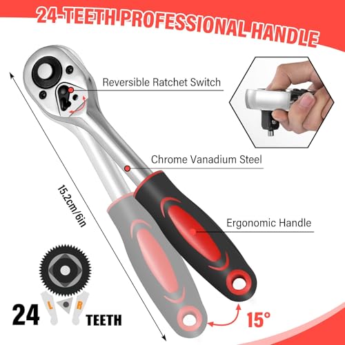 Pamatio 1/4" 1/2" 3/8" Drive Socket Set with Bits 216 Piece, Quick Release Ratchet Wrench Spanner Set - CR-V - Socket Set and Tool Set for Household DIY, Car Repair - Image 6