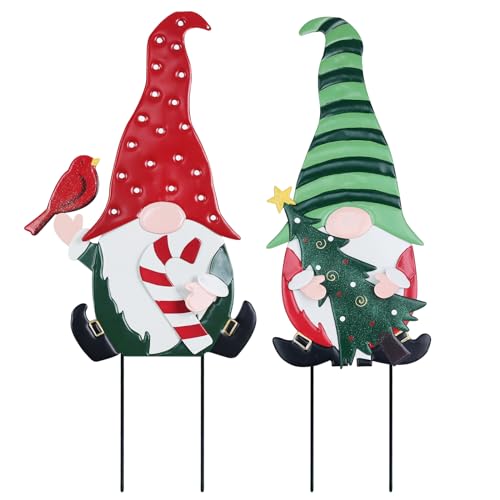 YEAHOME Outdoor Christmas Decorations, 2 Pack Gnomes Decorative Garden Stakes for Christmas Decor, Metal Yard Signs Xmas Decorations for Outside Garden Yard Lawn Porch Holiday Party