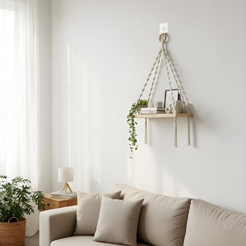 Image of 1-Tier Macrame Wall Hanging Shelf (Includes Mounting Hook) Boho Wooden Floating Shelves for Wall Decor - Handmade Cotton Rope Plant Hanger & Organizer for Living Room, Bedroom, Balcony