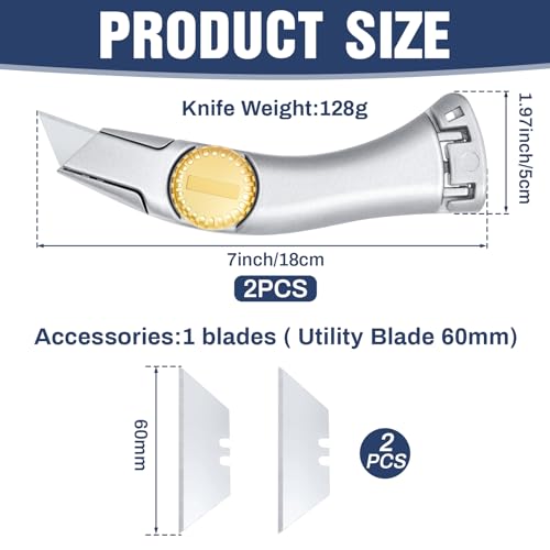 Image of 2 Pcs Carpet Knife Heavy Duty Vinyl Drywall Knife Roofing with Replacement Fixed Utility Blades Silver Fixed Blade Roofer's Roofing Tools Cutter with Holster Belt Clip