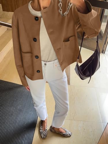 Cicy Bell Womens Faux Suede Leather Jackets Trendy Casual Cropped Outerwear Button Down Collarless Short Bomber Shackets 5