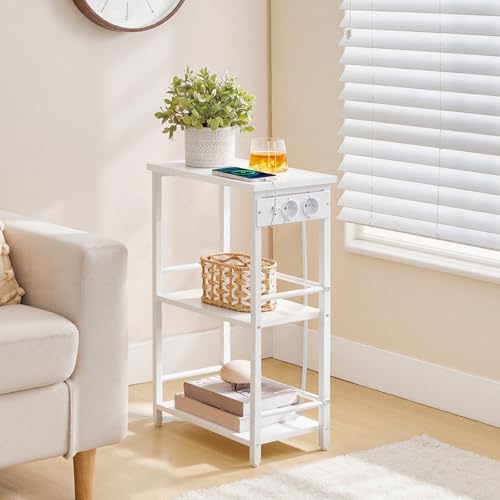 MAHANCRIS Mesa Auxiliar Estrecha con Regleta, Mesita de Noche de 3 Niveles, con Puerto USB, Puerto USB-C y Enchufes, para Sala de Estar, Recibidor, Dormitorio, Oficina, Blanco AETWT29UE01 - imagen 2