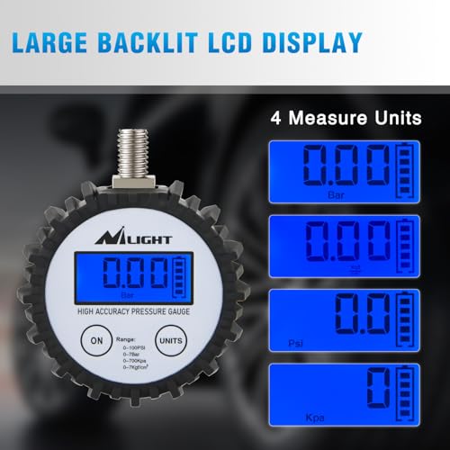 Image of Nilight Digital Tire Pressure Gauge 100PSI Heavy Duty Stainless Steel Air Chucks ANSI 2A Certified Large Dial Wheel Service Checker for Truck Semi Truck ATV Motorhome Cars & RV Accessories