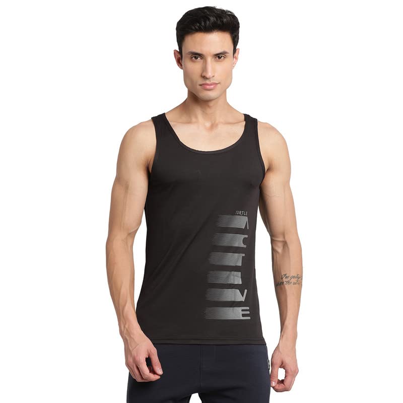 Image of Turtle Men Cotton Blend Black Printed Tank Vest