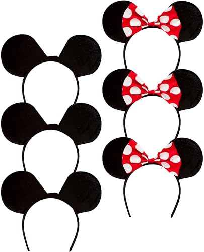 Image of Pack of 6 Adult Mickey & Minnie Mouse Ears Headbands - Classic Black with Red & White Polka Dot Bow - Fancy Dress Costume Accessory for Parties, Halloween & Disney Themed Events