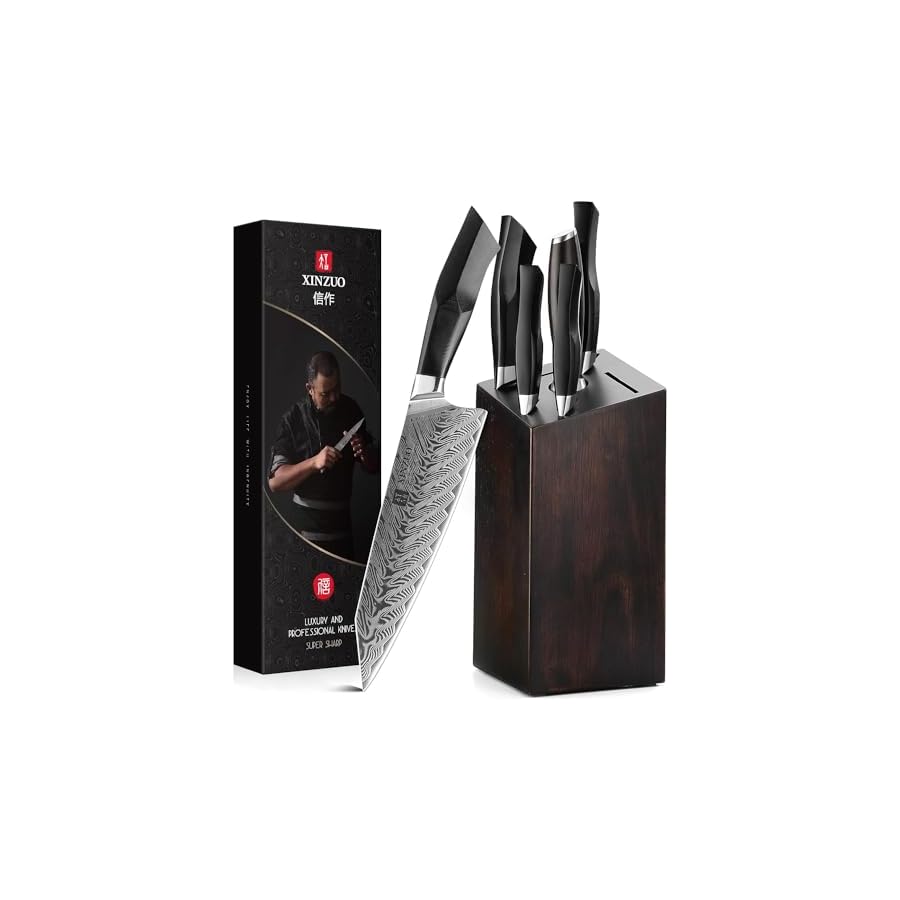 XINZUO 7-Piece Damascus Knife Set with Block and Sharpener, Chef knife Set Professional with Gift Box, 67 Layer Hand Forged Damascus Steel,G10 Black Handle,Razor Sharp-Feng Series
