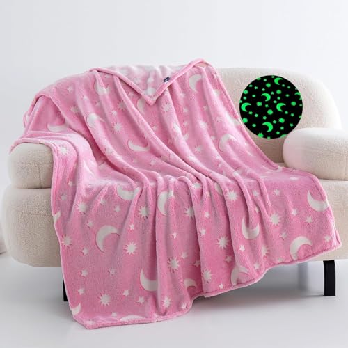 Image of TONY STARK ULTRAAGLOW Glow in The Dark Blanket for Kids (0-15 Years, 200x152 Cm) Soft Flannel Fleece Throw, Cozy & Warm All-Season Radium Blanket for Boys & Girls (Pink Moon & Stars)