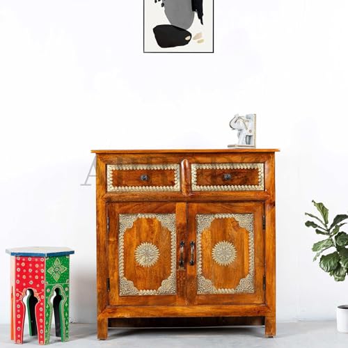 Image of APRODZ Hand-Painted Solid Wood Sideboard Cabinet with 2 Doors & 2 Drawers | Brass Fitted Wooden Storage Cabinet for Bedroom Living Room & Kitchen | Crockery Cabinet, Kitchen Storage, 36x16x36