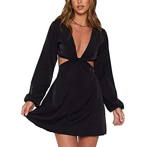 MAHUAOYIXI Abito da Donna Stampa Floreale Vestito Maniche Lunghe Mini Abito Aderente Scollo a V Abito da Ufficio in Chiffon (Nero, S)