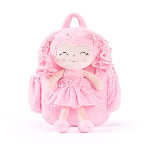 Image of Gloveleya Toddler Backpacks Baby Girl Gifts Curly Hair Plush Figures Dress Backpack - Silver Heart Accents in Soft Light Pink 11''
