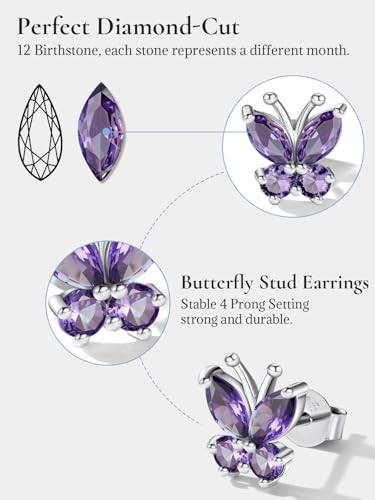 SILVERCUTE 925 Sterling Silver Butterfly Earrings for Women,Butterfly Birthstone Stud Earring/Ear Cuffs,Hypoallergenic Birthday Earrings for Women4
