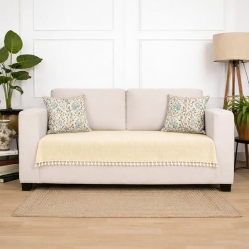 Image of HOMEMONDE 2 Seater Sofa Cover with Tassels |Soft, Durable & Textured Chenille Fabric with Tassels | Sofa Cover Mats for Living Room, Bedroom, Drawing Room & Office (76 X 122 CM, Beige)