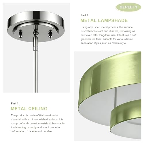 Image of Mid-Century Modern Sage Green Hanging Lamp, Brushed Metal Shade Kitchen Island Pendant Light Adjustable Ceiling Light for Living Room, Dining Nook, Bedroom