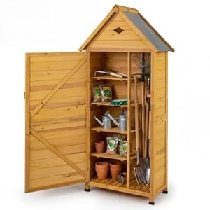COSTWAY Gartenschrank Holz, Geräteschuppen mit abschließbarer Tür, 4 abnehmbare Regalböden, Luftventil & geneigtes Metalldach, Outdoor Gerätehaus für Terrasse, Garten & Balkon