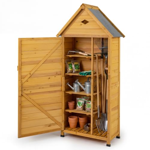 COSTWAY Gartenschrank Holz Geräteschuppen mit abschließbarer Tür 4 abnehmbare Regalböden Luftventil & geneigtes Metalldach Outdoor Gerätehaus für Terrasse Garten & Balkon