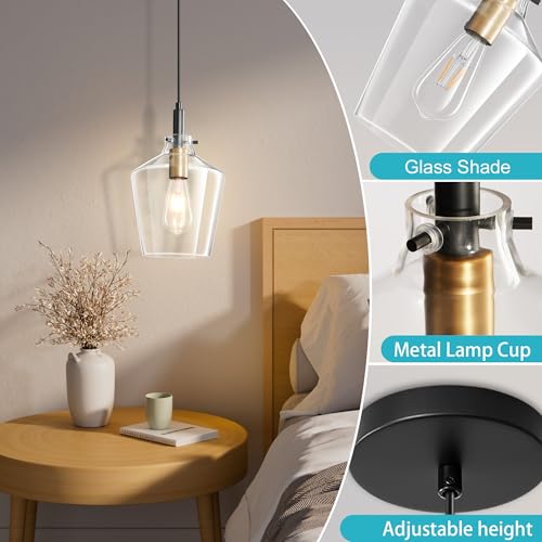 Image of Glass Pendant Lighting for Kitchen Island 2 Pack Black Gold Clear 8 Inch | Adjustable cord Dimmable, E26 bulbs, Rust-resistant Damp Rated For Bathrooms, 5-Year Manufacturer Warranty, UL Certification
