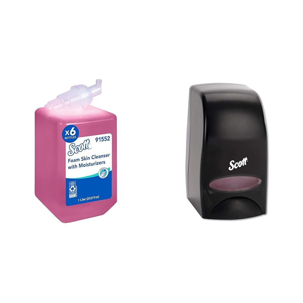 Bundle of Scott® Foam Hand Soap with Moisturizers, 1.0 L Pink, Floral Scent Refills + Scott Essential Manual Skin Care Dispenser, Black) Starter Kit
