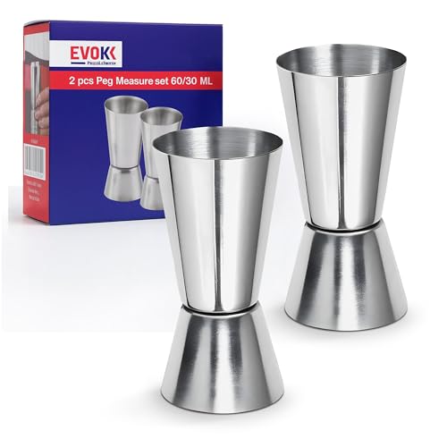 EVOKK Jigger Set, 2 Pcs Satinless Steel Dual Spirit Measure Cocktail Jigger 60ml/30ml, Double Measuring Liquid Jigger Measure Cup, Steel Jigger Bar for Party,Home Bar (Silver)