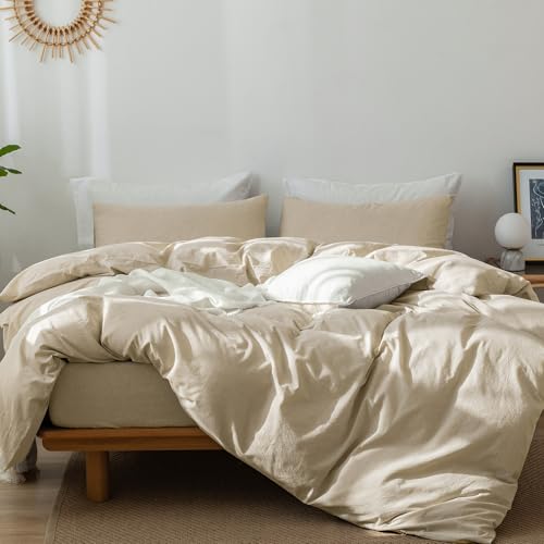 MooMee Bedding Duvet Cover Set 100% Washed Cotton Linen Like Textured Breathable Durable Soft Comfy (Almond Milk Grey, Queen)