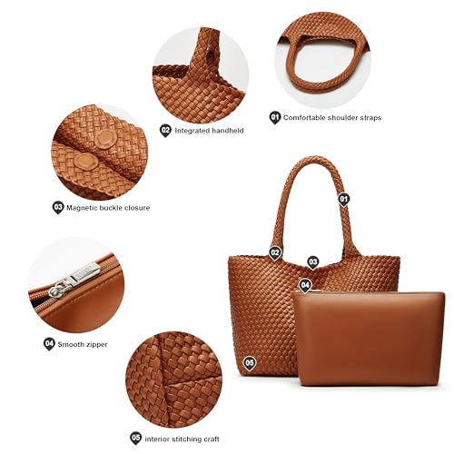 Sumrains Woven Tote Bag for Women: Handwoven Vegan Leather Bag with Detachable Clutch for Effortless Vacation Outfits (Brown) by Sumrains - Used condition - Image 5